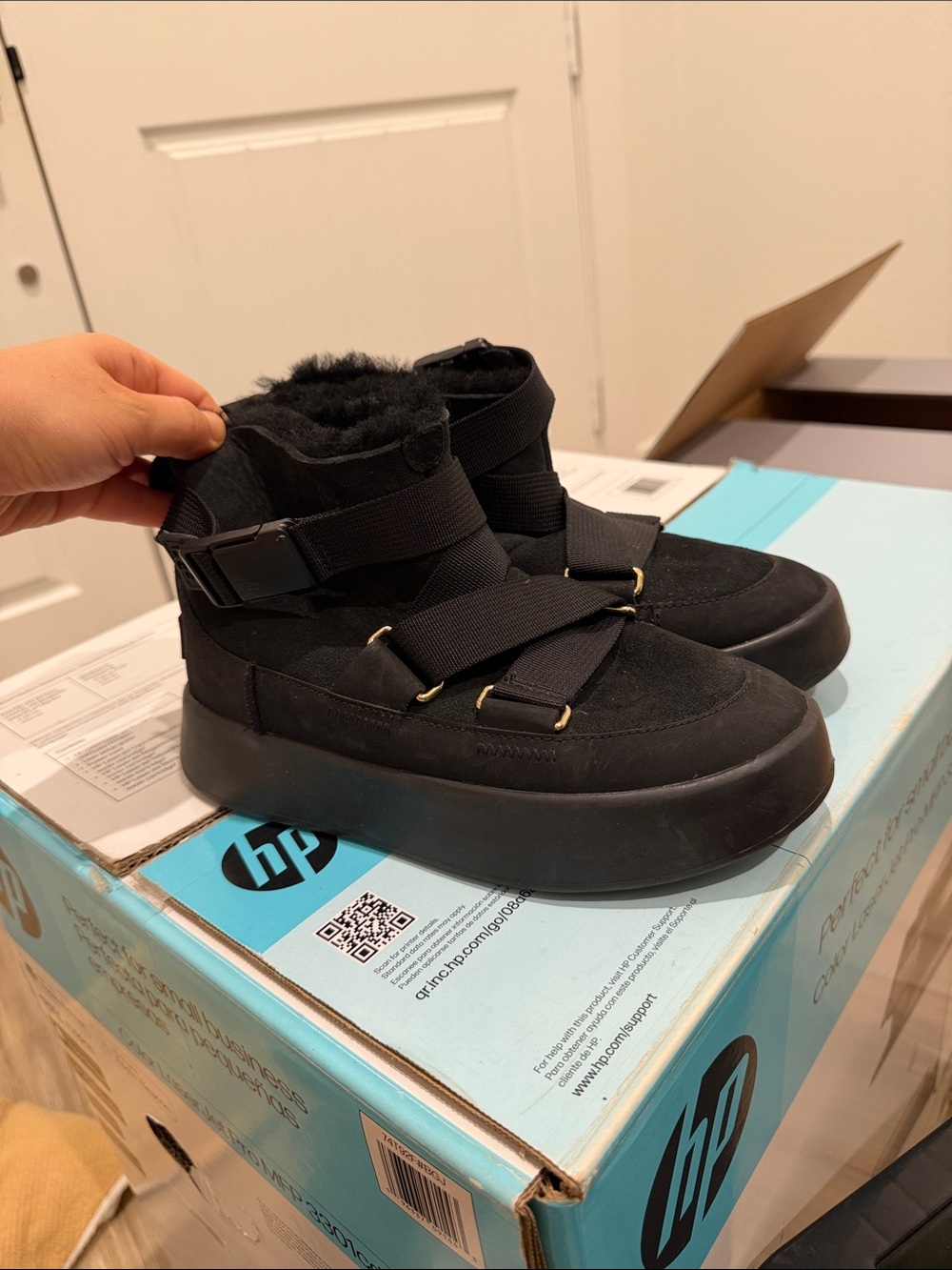 UGG Women's Black Shearling-Lined Strap Boots